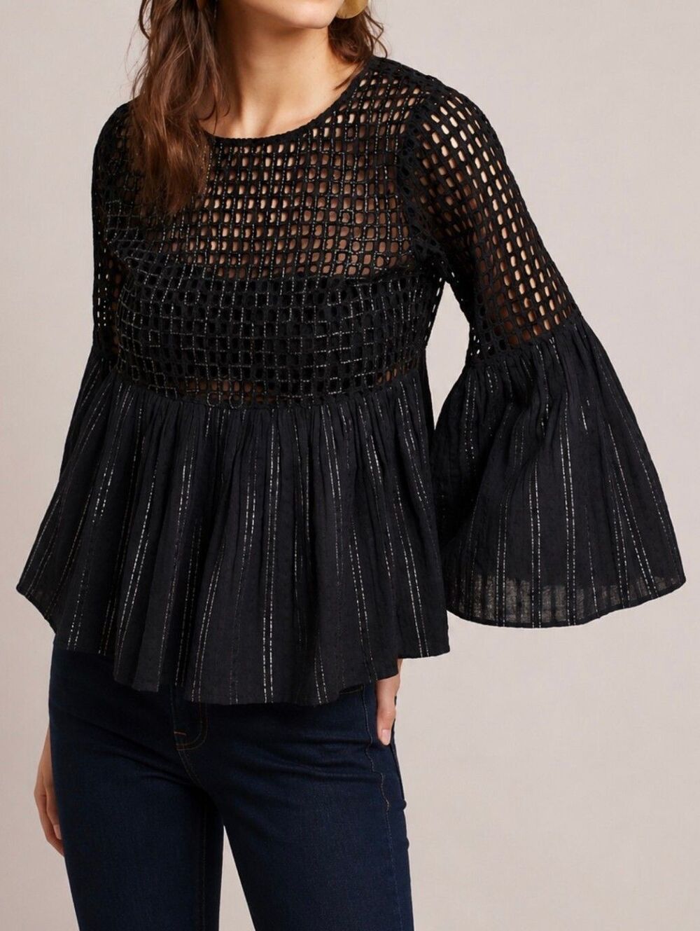 Anthropologie Maeve Alameda Black Beaded Silver Threaded Peplum Top